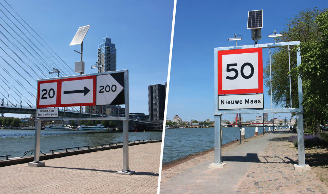 Borden met snelheid voor de scheepvaart (foto: Nils Hilbers) Borden met snelheid voor de scheepvaart (foto: Nils Hilbers)